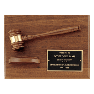 American Walnut Plaque with Walnut Gavel and Black Brass Plate