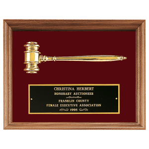American Walnut Frame with Gold Electroplated Metal Gavel on Maroon Velour