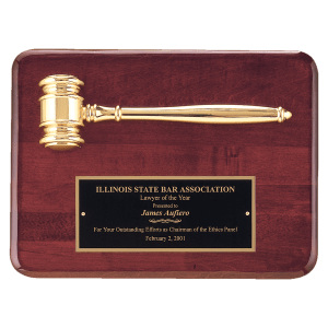 Rosewood Piano Finish Plaque w/Gold Electroplated Metal Gavel, Black Brass Plate