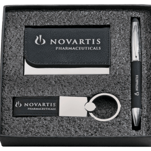 Black Leather Gift Set/Pen, Keychain, Business Card Holder